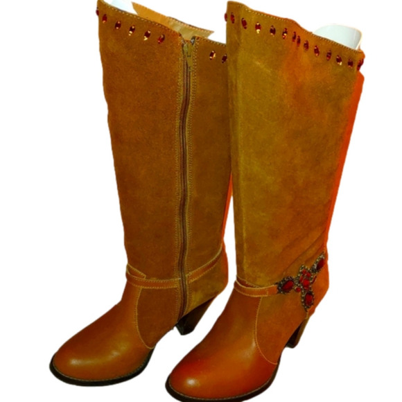 Grazie Shoes - "Lavish" Camel Suede Cowboy Boots - Size 8 by Grazie